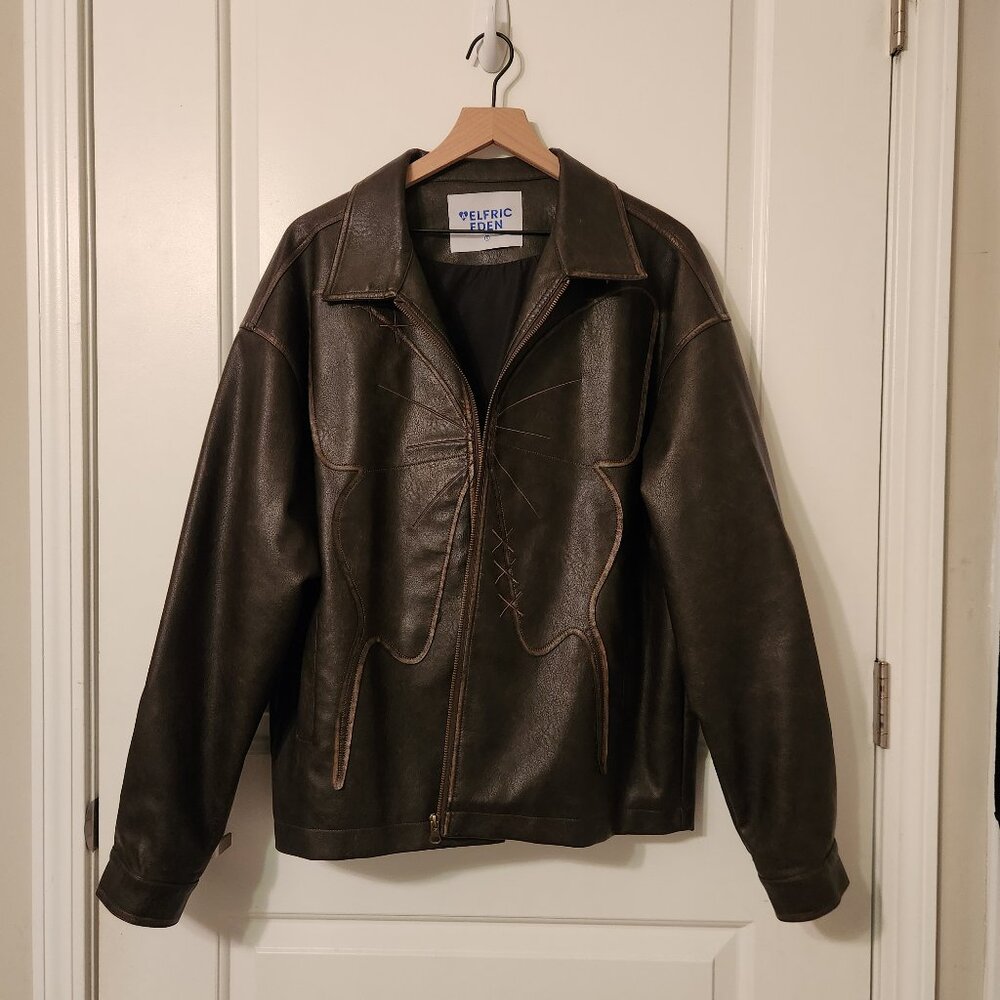Aelfric Eden size Small Women's Oversized Brown Faux Leather Jacket w/ Butterfly